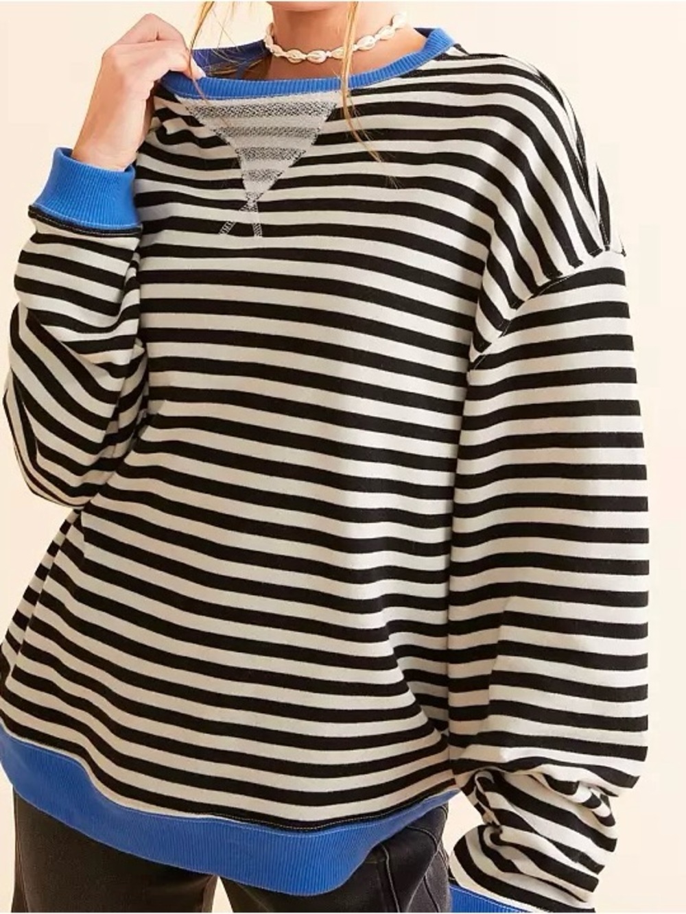 Free People Black and White Striped Crewneck Sweater with Blue Trim